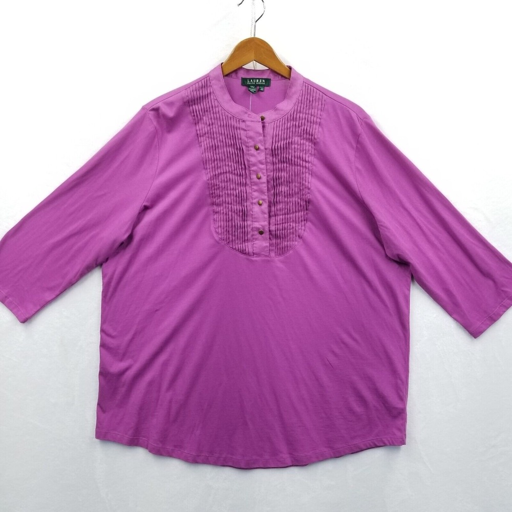 Lauren Ralph Lauren Tunic Women 2X Purple‎ Cotton Pintuck 3/4 Sleeve Henley New